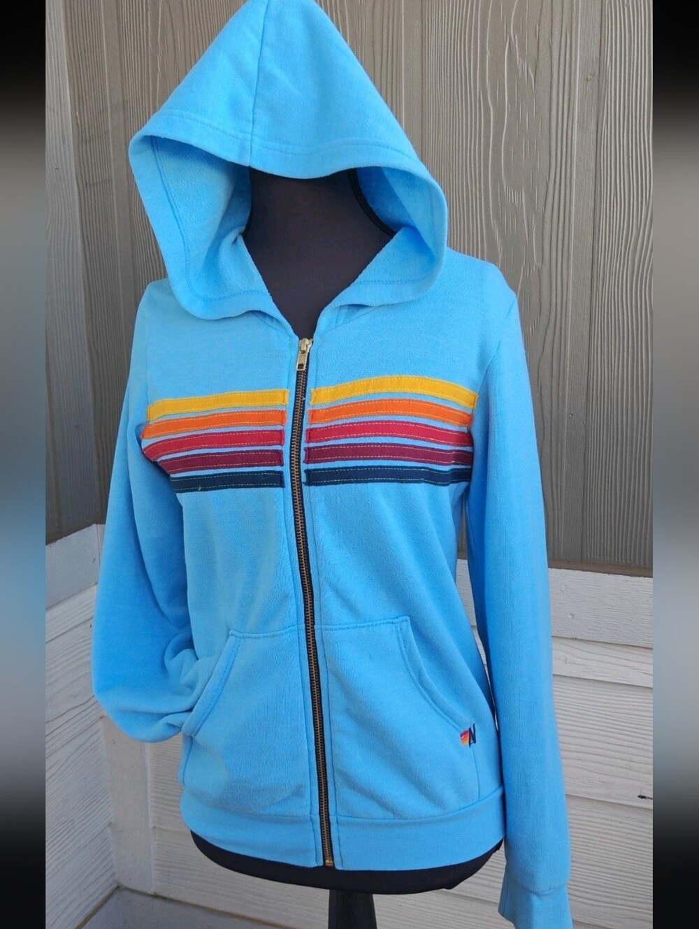 Aviator Nation Kids Size 12 Sky Blue 5 Stripe Zip-Up Hoodie Unisex
